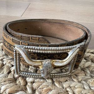 VTG Boys 60s BULL LONGHORN FABIL Tooled Steerhide Leather Western COWBOY Belt 28